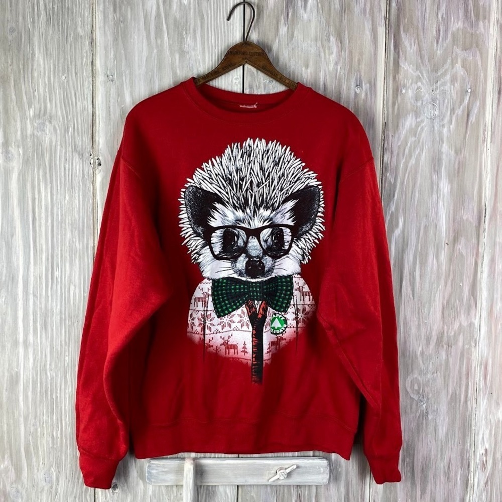 Fifthsun Hedgehog Christmas‎ Sweater Size M Mens Bowtie Crew Neck Pullover Ugly